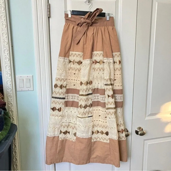 Vintage Shamash & Yofi Creations Tan Cotton Cream Neutral Patchwork Maxi Skirt - Picture 5 of 9